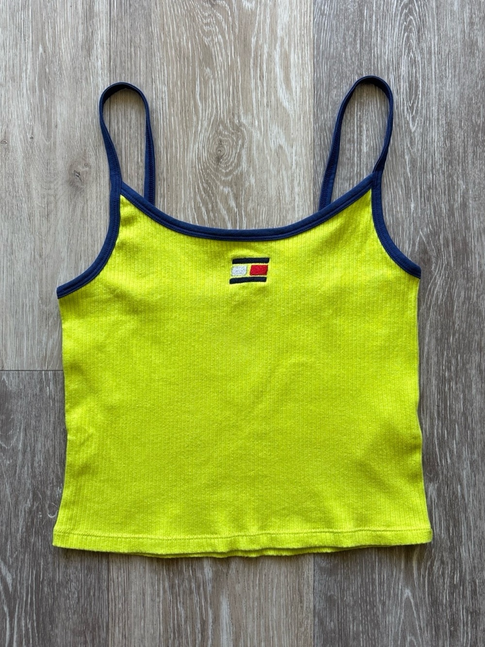 Tommy Hilfiger Y2K Neon Green Embroidered Flag Logo Ribbed Crop Tank Top Size S